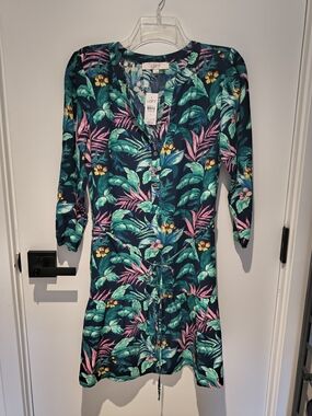 LOFT Tropical Print Navy & Teal Shirt Dress